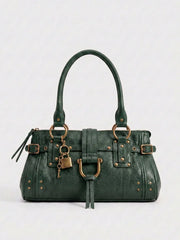 Structured Rivet Lock Shoulder Bag