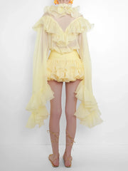 Back view of ruffle trim high neck two-piece set