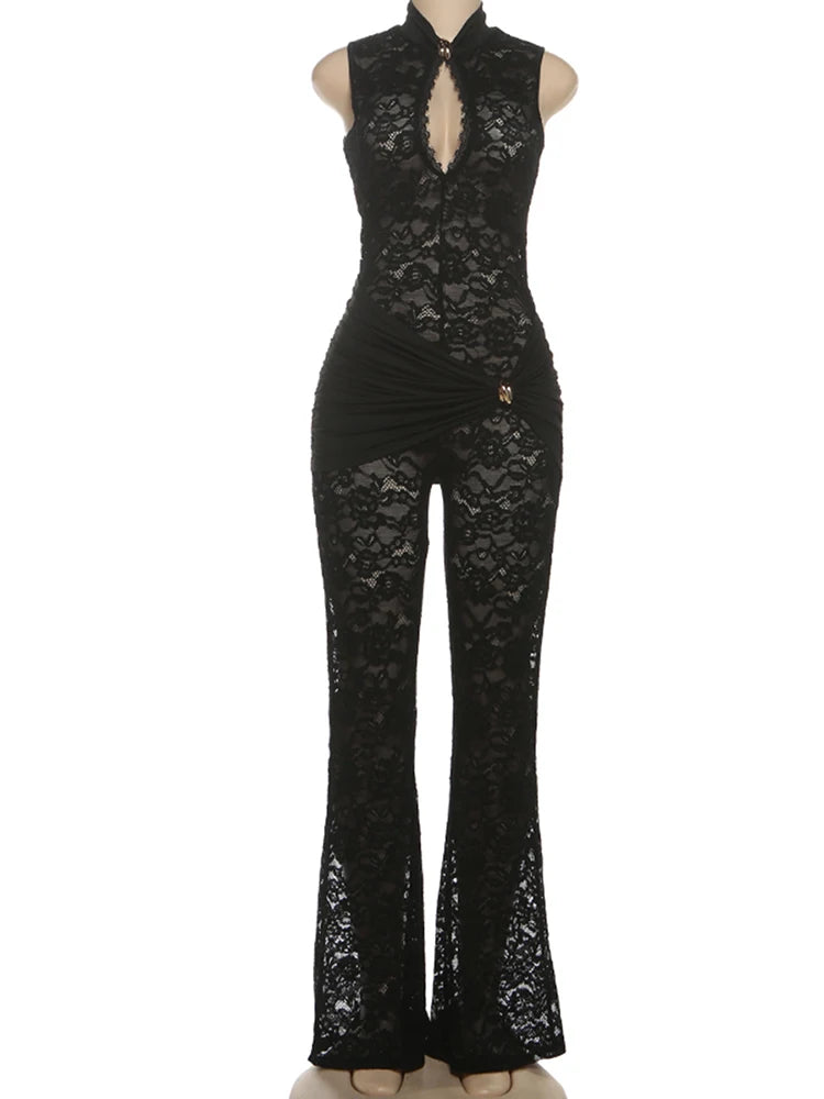Black lace mock neck halter jumpsuit with flared legs displayed on a mannequin.