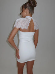 Lace Turtleneck Removable Cape Sleeve Strapless Mini Dress