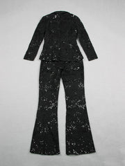 Sequin Embroidered Lace Blazer and Flare Pants Set
