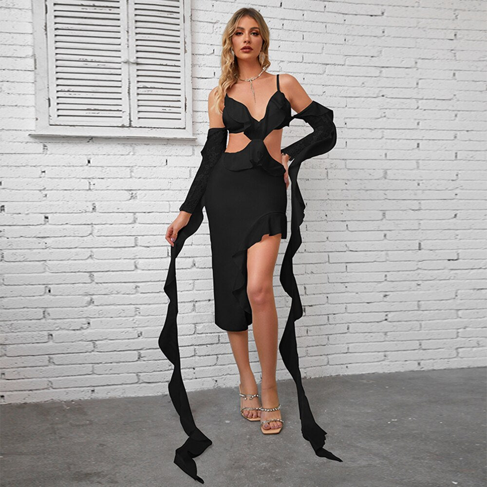 Women's Wear Solid Off Shoulder Cutout Ruffle Maxi Dress