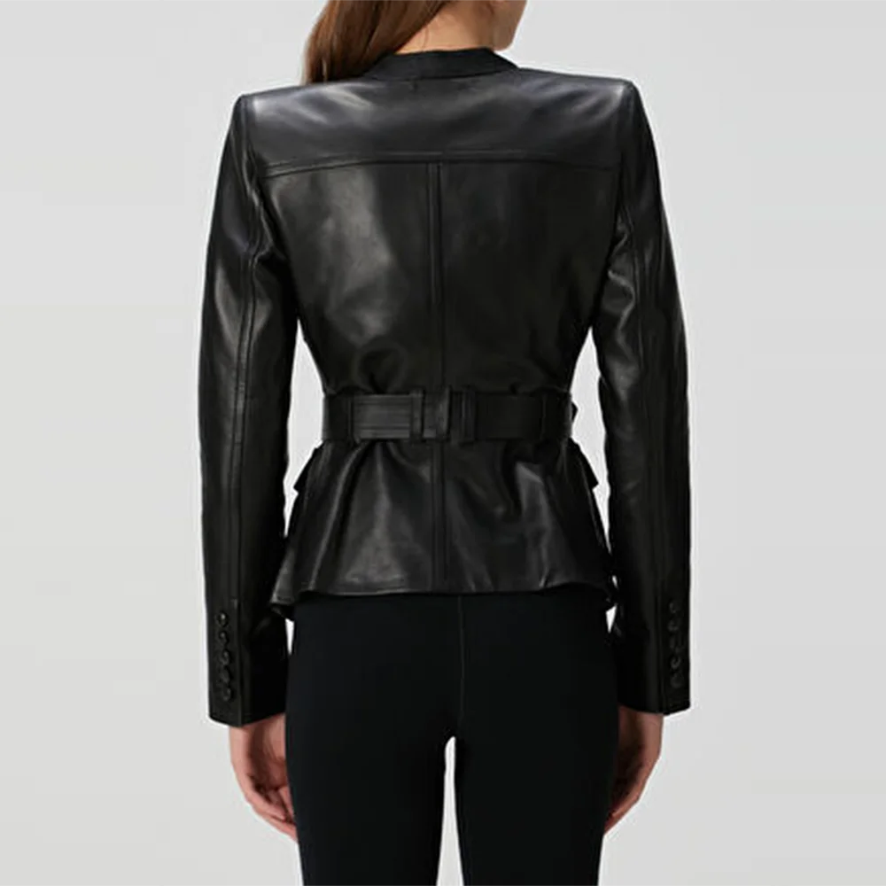 Black leather jacket with a belt on a gray background