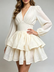 V-Neck Puff Sleeve Tiered Mini Dress