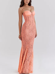 Open Back Print Floral Lace Mermaid Spaghetti Strap Maxi Dress - Golden Atelier