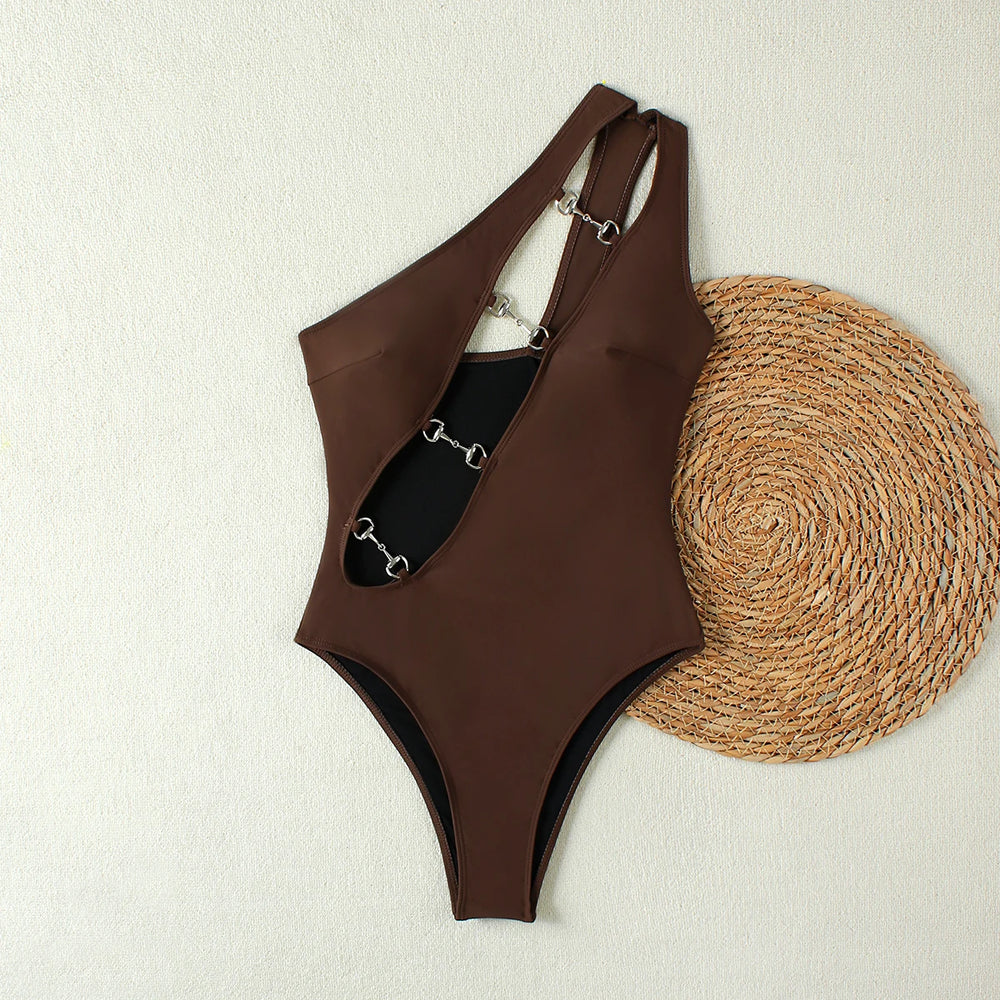 One shoulder cut-out detail one-piece swimsuit with metal hardware