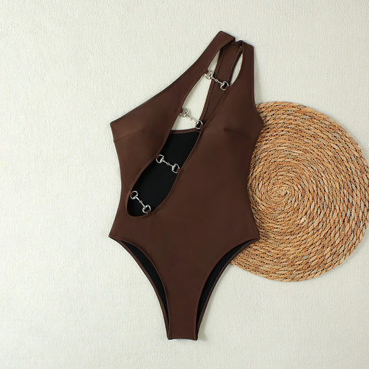 One shoulder cut-out detail one-piece swimsuit with metal hardware