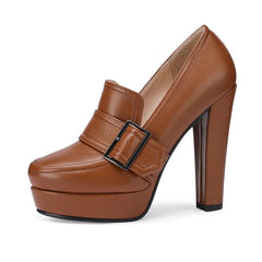 Brown platform belt buckle round toe heels