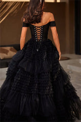 Open Shoulder Multilayer Ball Gown Tulle Puffy Robes Evening Dress