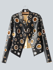 Cut Out Short Faux Leather Golden Rivet Women Jacket