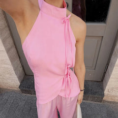 High Neck Lace Up Waist Sleeveless Top