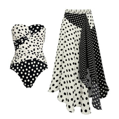 Polka dot strapless swimwear set with wrap detail and asymmetrical skirt.