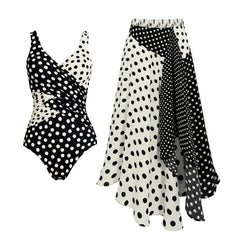 Polka dot one-piece swimwear set with wrap detail and asymmetrical skirt.