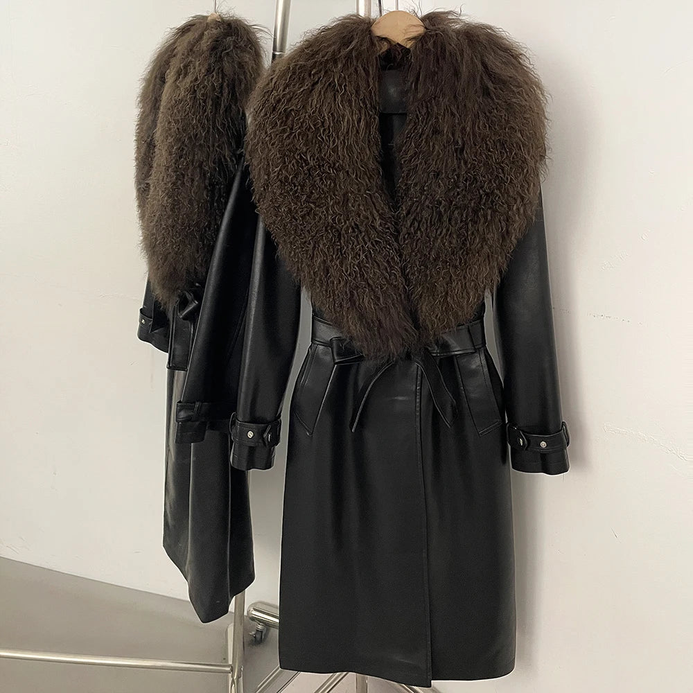 Long black faux leather belted coat with a rich brown fur collar.