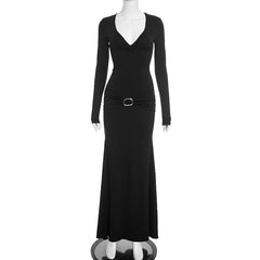 Plunge Neck Full Sleeve Waist Detailed Maxi Dress