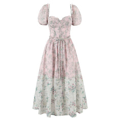 Pink Printed Pachwork Puff Sleeve Midi Dress