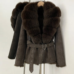 Close-up of the textured natural fur collar on a suede jacket.