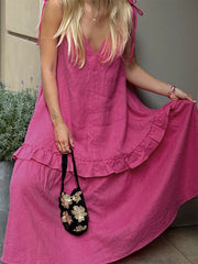 Pink Spaghetti Strap Ruffled Flowy Maxi Dress