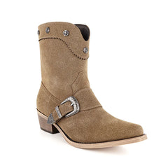 Pointed toe suede ankle boots with a silver buckle strap