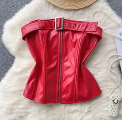 Women PU Leather Zipper Short Corset Top