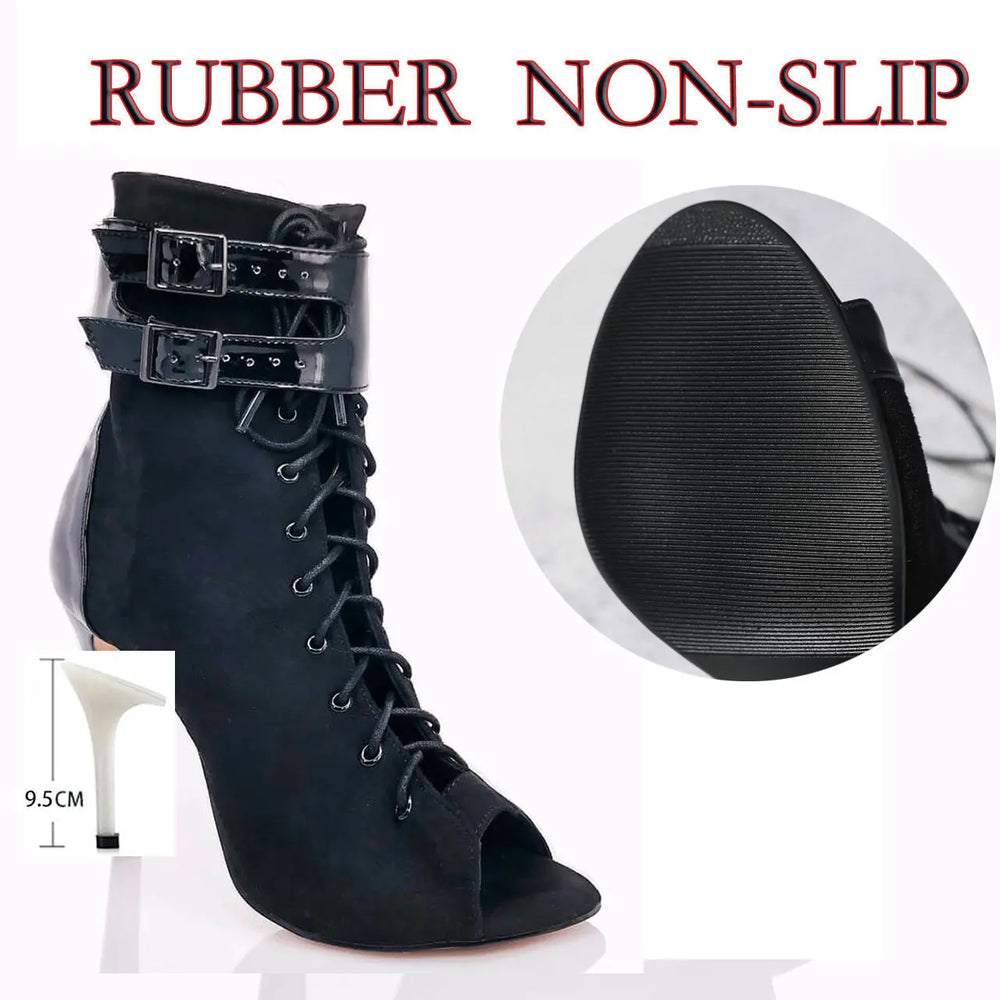 Black high-heeled boot with lace-up design and non-slip sole on a white background