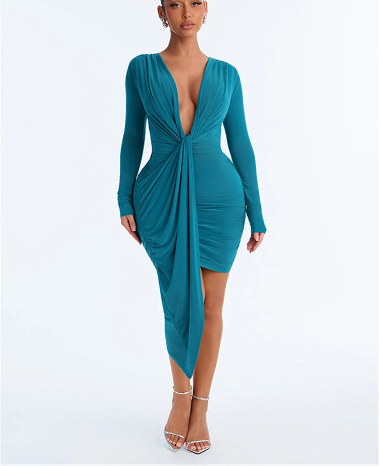 Teal draped V-neck long sleeve mini dress
