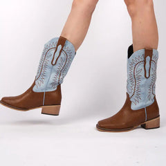 Embroidered Square Toe Block Heel Boots