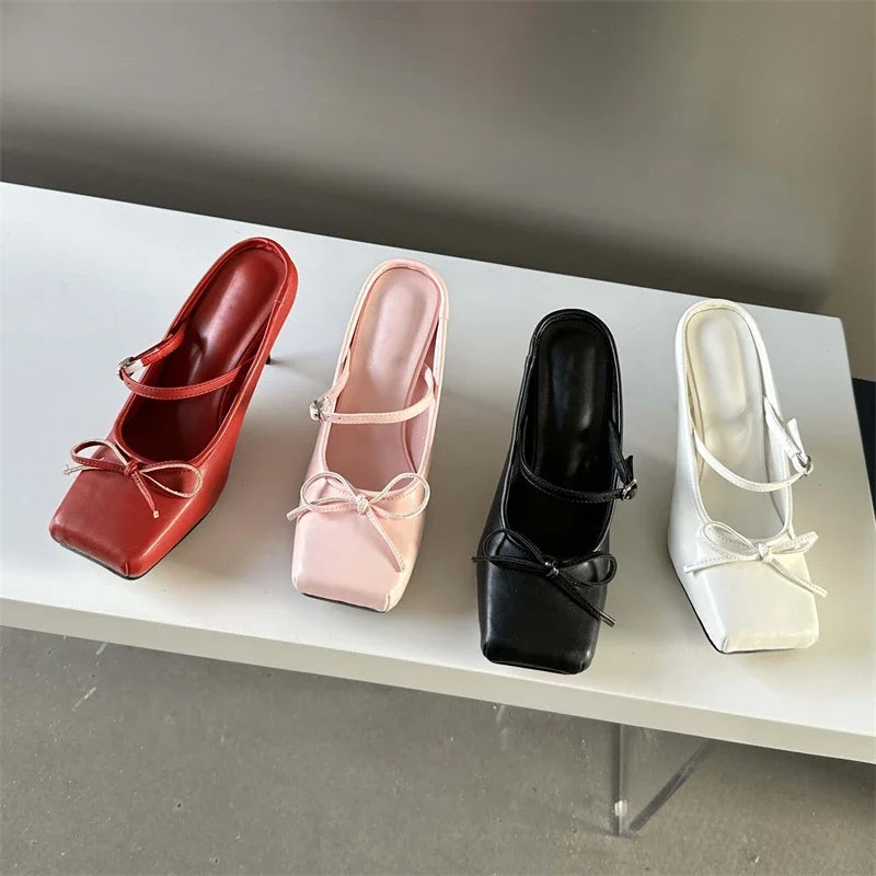 Bowknot Square Toe Pumps Buckle Strap Thin High Heels Shoes