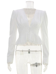 Satin Cropped V-Neck Long Sleeve Peplum Top