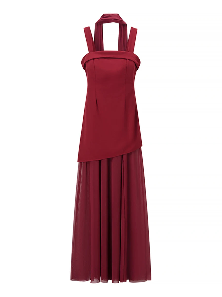 Red dress with a halter neck design 