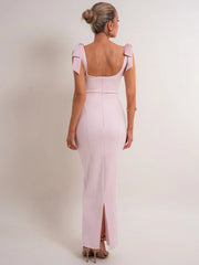 Draped Satin Cowl Bow Shoulder Maxi Dress