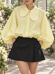 Lapel collar lantern sleeve blouse in yellow