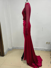 Mesh High Neck Twisted Cutout Ruched Gown with Gloves