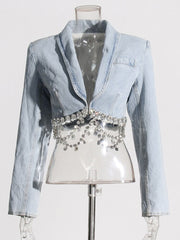 Spliced Diamonds V Neck Long Sleeve Top & Denim Mini Skirt Set 