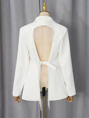White Crystal Double Button Lapel Collar Blazer