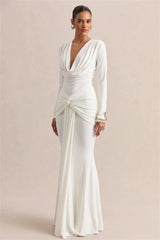 Draped Cowl Neck Long Sleeve Maxi Dress