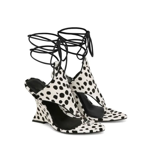 Spotted print ankle strap wedge heels