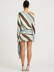 Striped Print Diagonal Collar Wrap Tie Mini Dress