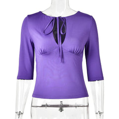 Tie Neck Cutout Three Quarter Sleeve Top