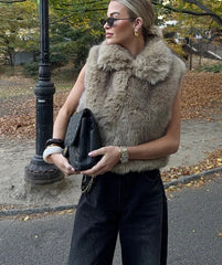 Faux Fur Lapel Sleeveless Vest Coat