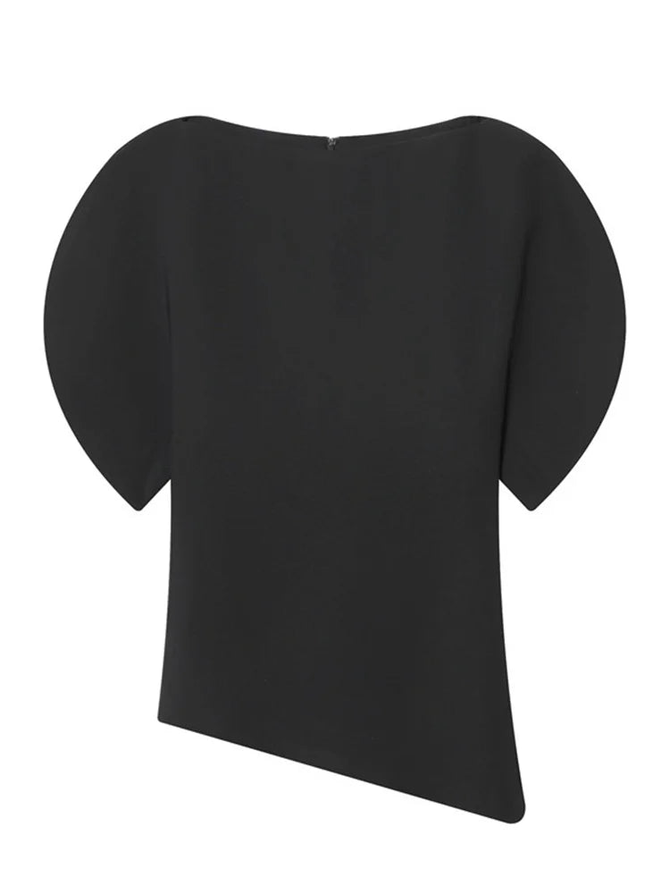 Black top with unique shoulder design on a white background