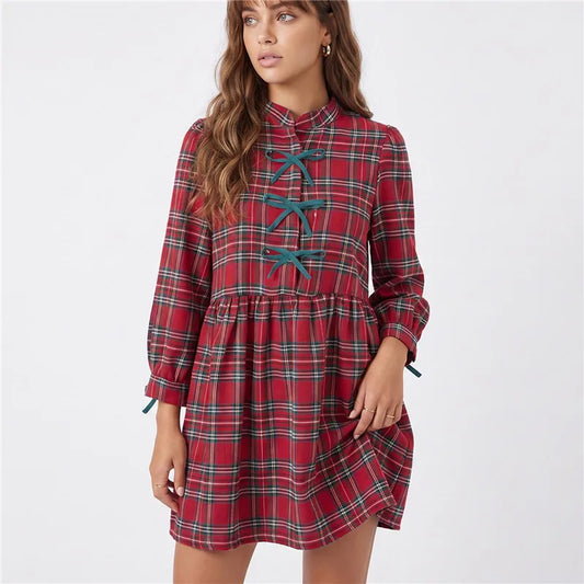 Plaid mock neck mini dress with green bow details and puff sleeves