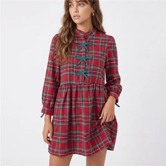 Plaid mock neck mini dress with green bow details and puff sleeves