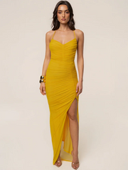 Yellow ruched high slit maxi dress
