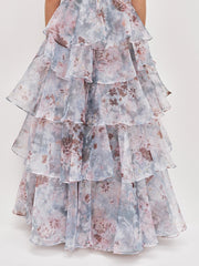Purple Floral Print Strapless Ruffle Maxi Dress