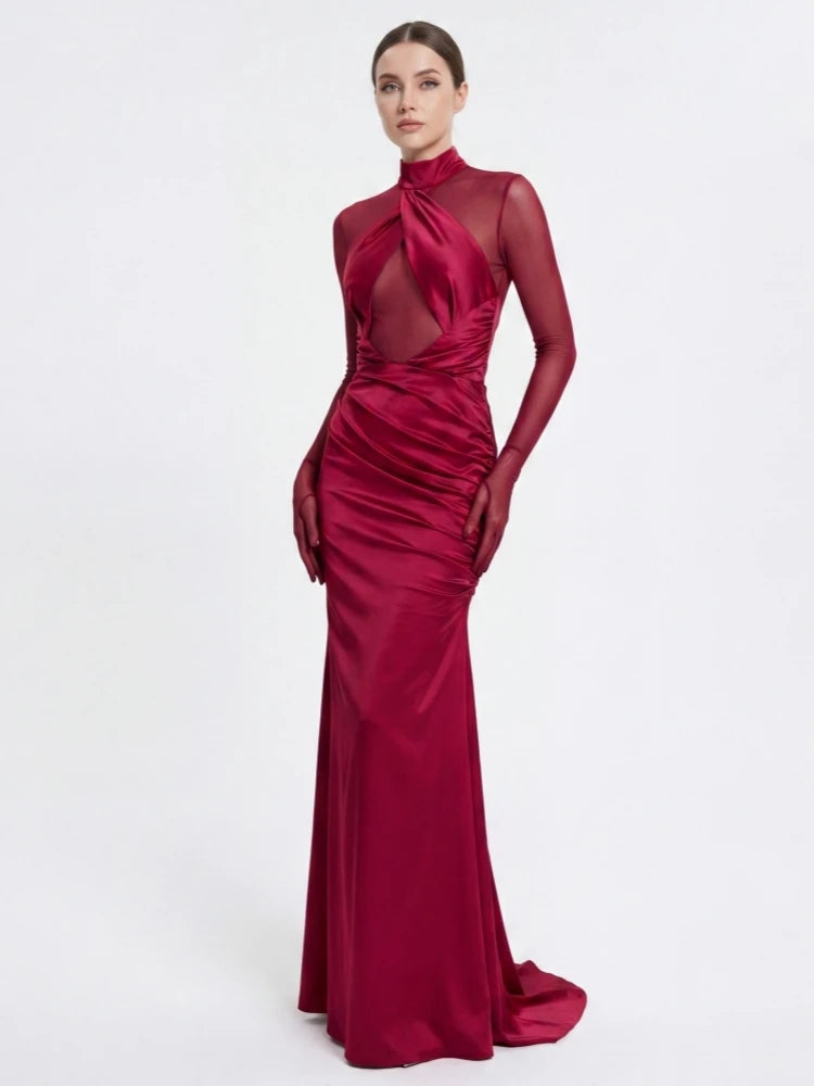 Mesh high neck twisted cutout ruched gown with gloves