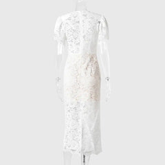 White Lace Puff Sleeve V-Neck Maxi Dress