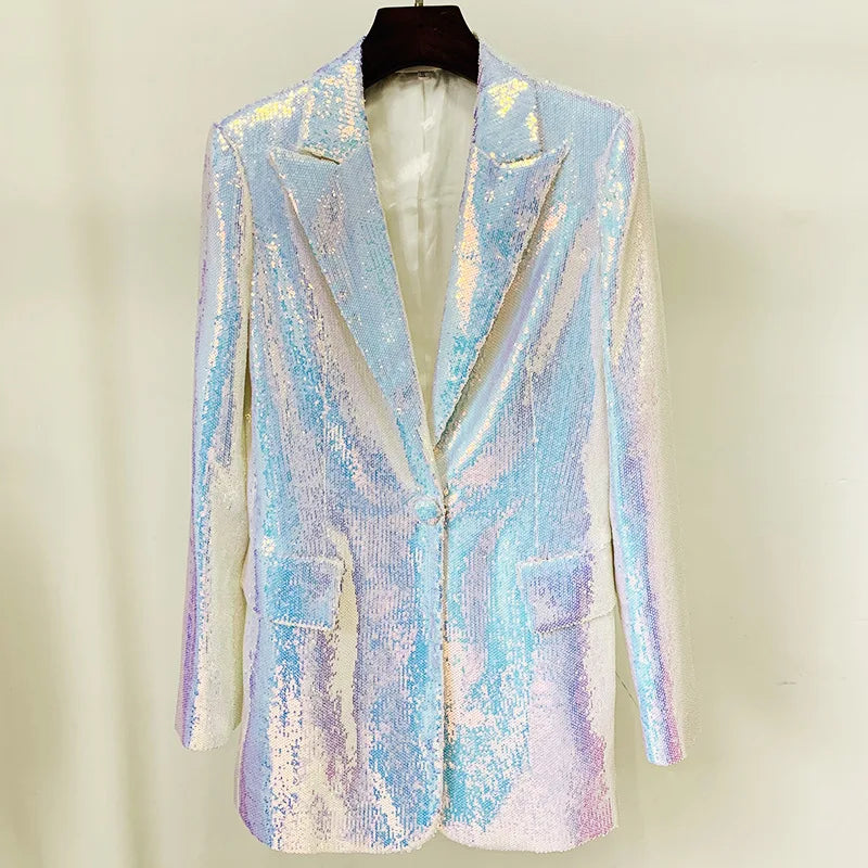 Iridescent sequin blazer on a mannequin against a plain background