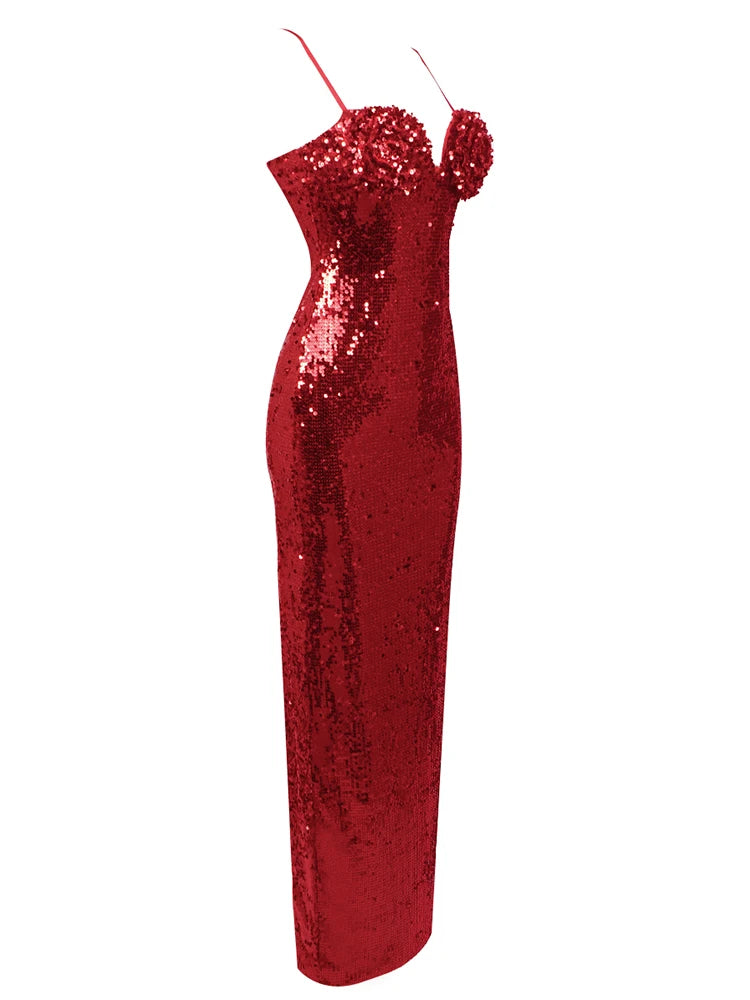 Spaghetti Straps Sequins 3D Flower Women's Long Red Dress