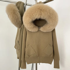 camel faux fur collar sweater jacket